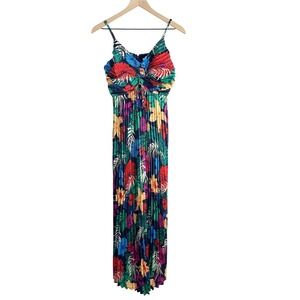 Skies Are Blue Tropical Floral Print‎ Pleated Maxi Sun Dress Blue Green Small